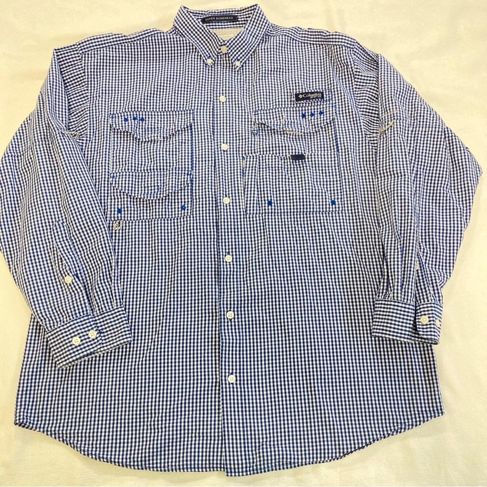 Columbia Men's Blue and White Super Bonehead PFG Gingham Shirt